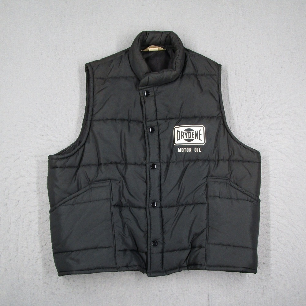 Vintage Warwick Drydene Motor Oil Puffer Vest Mens Large Black Snap Front USA